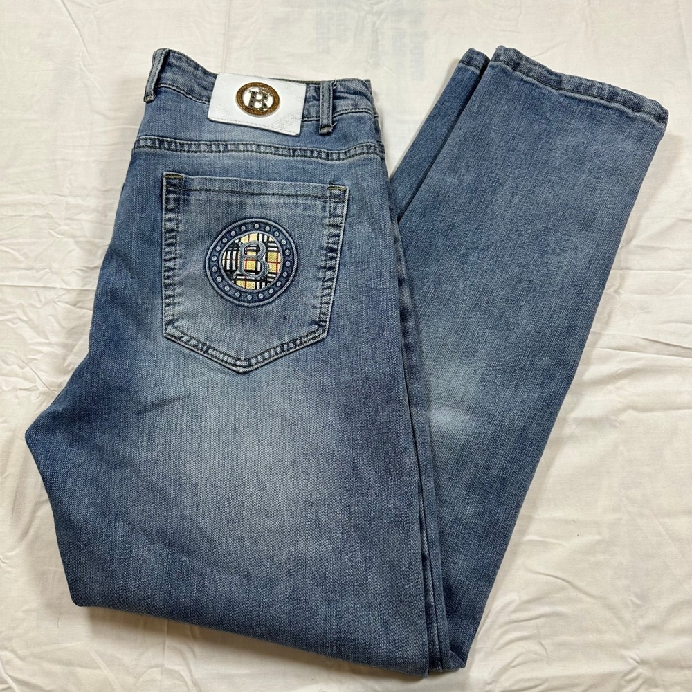 Designer Style Men Denim Jeans Straight Leg Embroidered Logo Check Pocket 34x29